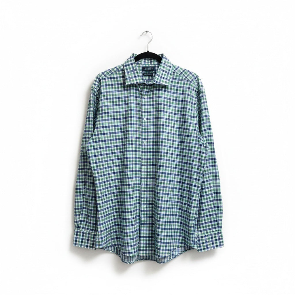 Size XL RALPH LAUREN Blue/Green/White Cotton Checkered Long Sleeve Shirt