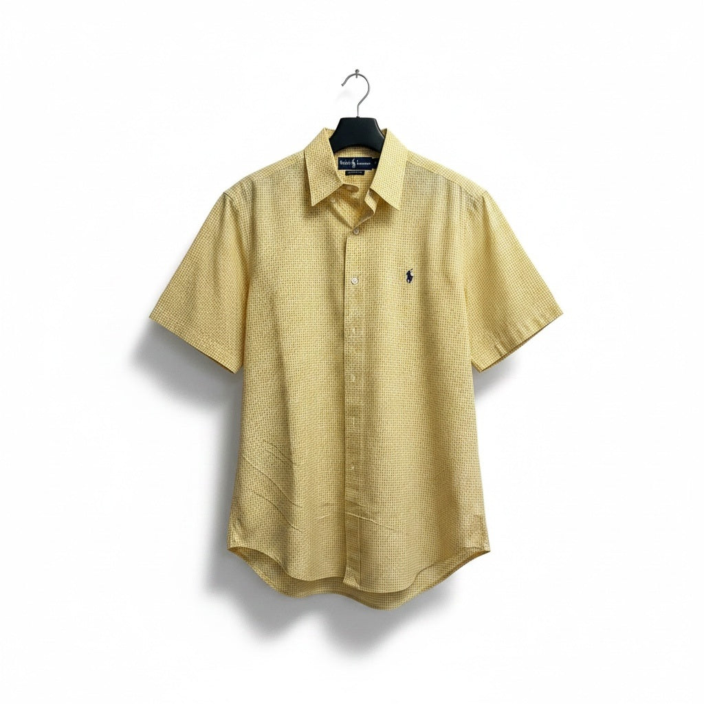 Size L RALPH LAUREN Yellow/White Cotton Checkered Short Sleeve Shirt