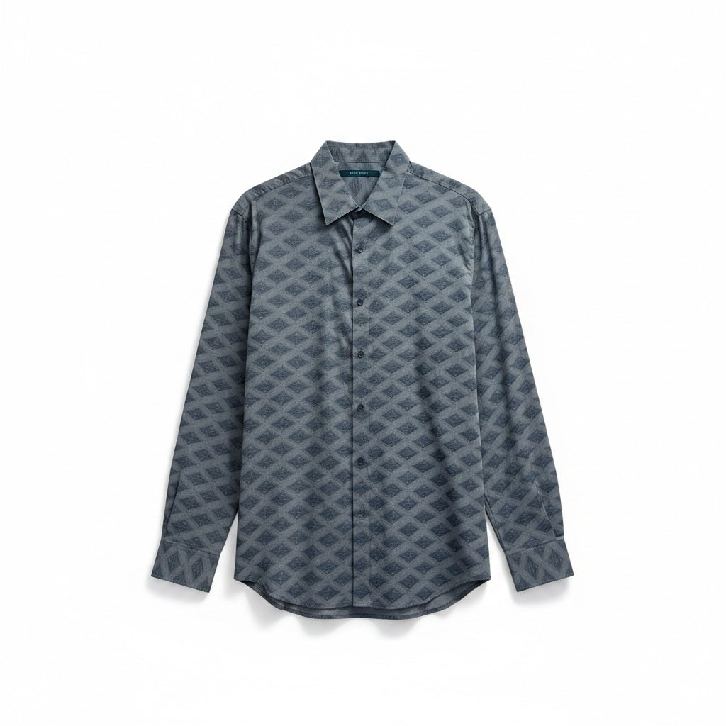 Size L Perry Ellis Gray Print Cotton Abstract Long Sleeve Shirt