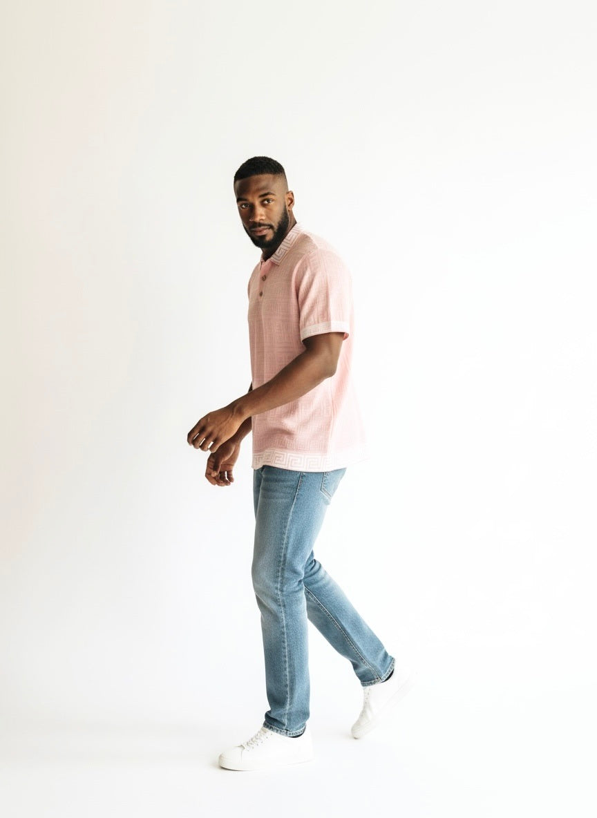 Prestige Peach/White Rayon Blend Venetian Greek Short Sleeve Pullover