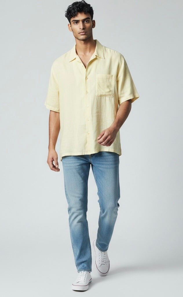 Size M LINEA UOMO Yellow Linen Solid Short Sleeve Shirt