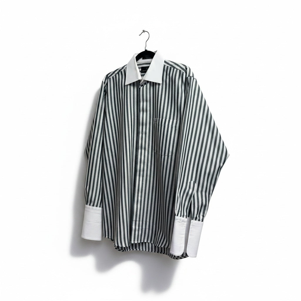 Size 15 1/2 Stacy Adams White/Charcoal Polyester Stripes Long Sleeve Button Down
