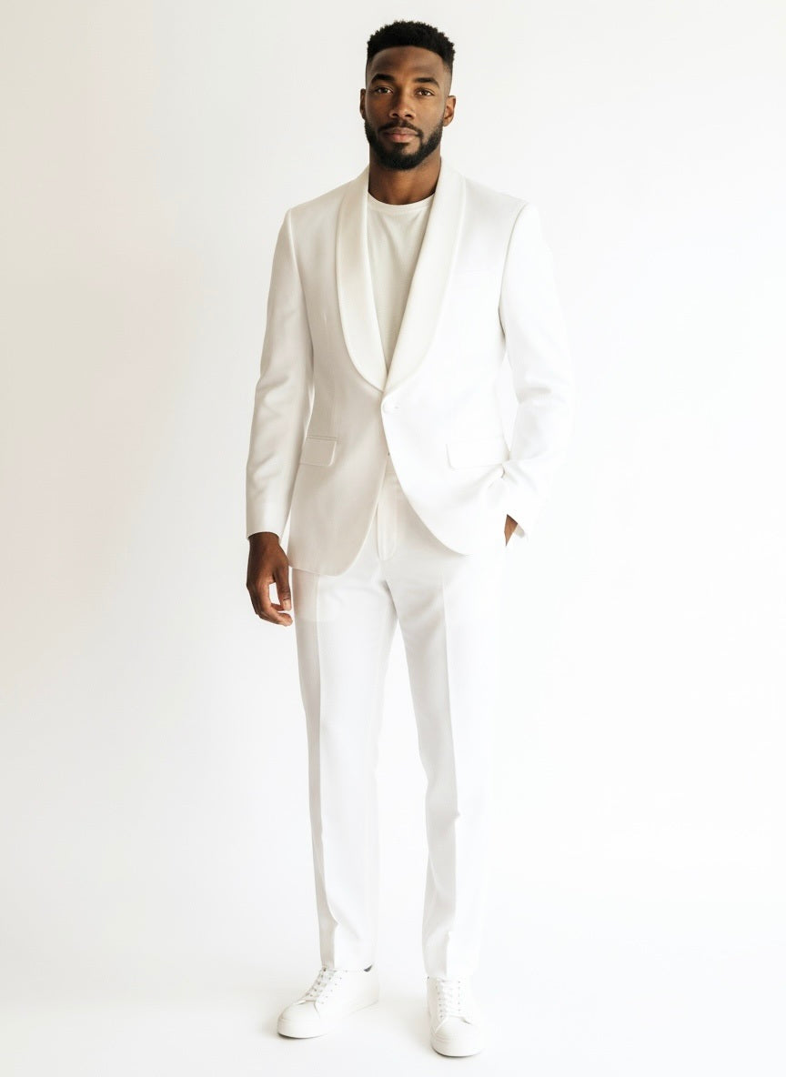 XL Imperial White Wool Solid Size 44 Double Breast Suit