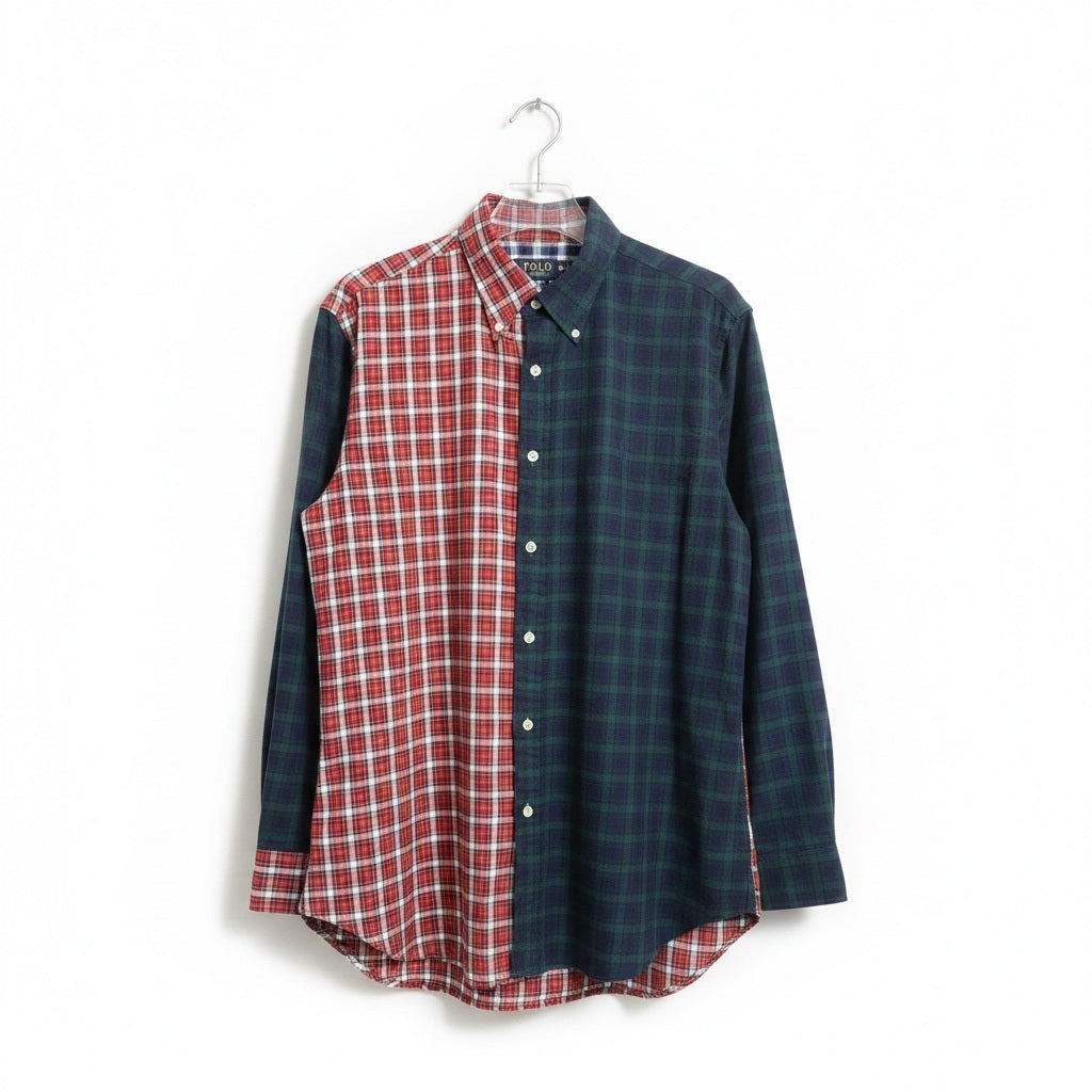 Size M Polo Green/White/Blue Cotton Blend POLO Long Sleeve Button Down