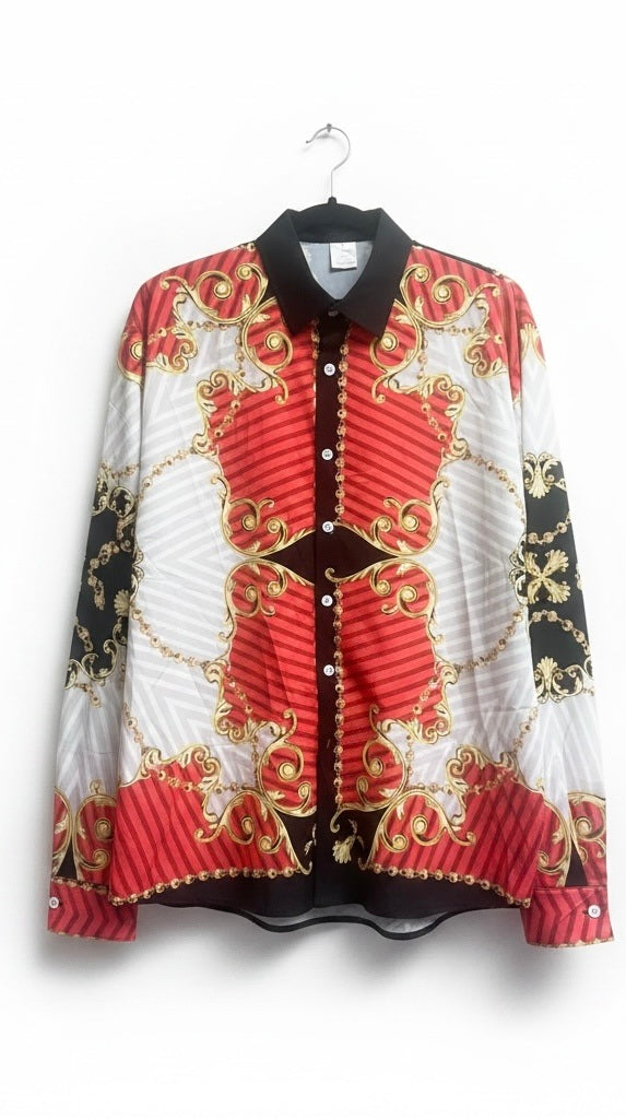 Size L Andiamo Red/Black/Gold Polyester Argyle Long Sleeve Shirt