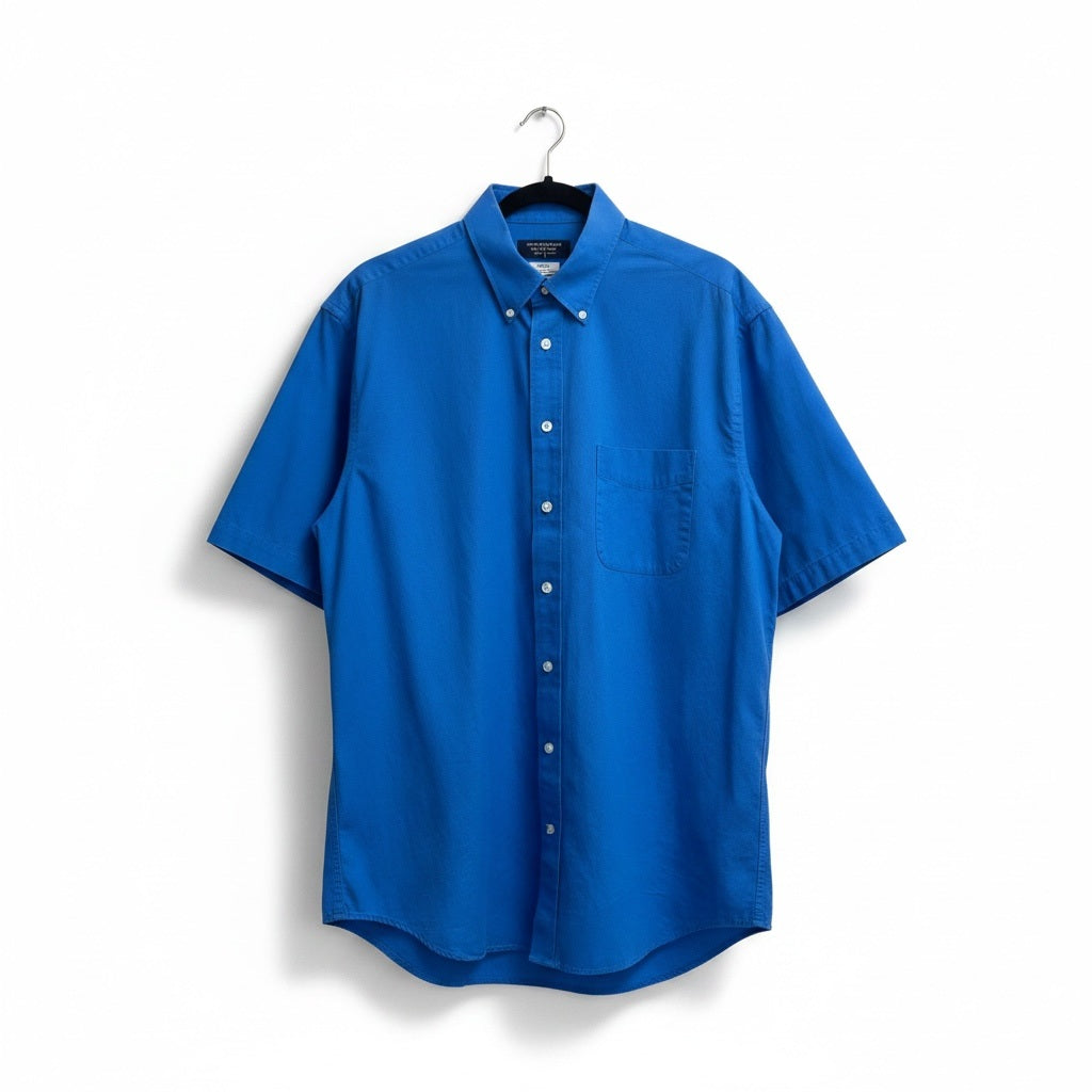 Size XLT Roundtree Yorke Blue Cotton Solid Short Sleeve Button Down