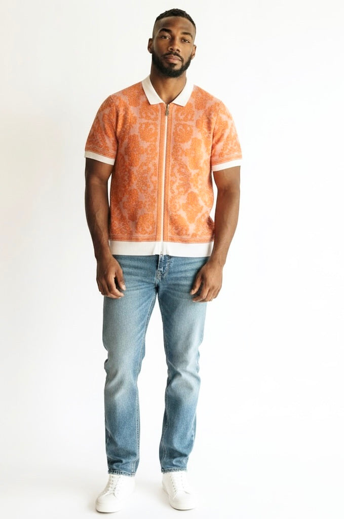 Prestige Orange Rayon Blend Floral Print Short Sleeve Pullover Zip up