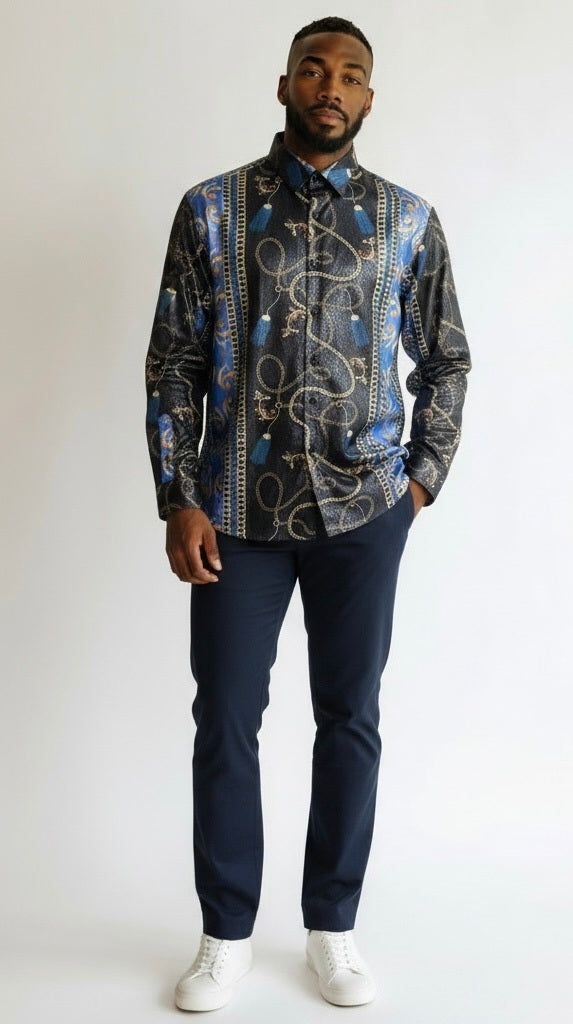 Pavini Black/Gold/Blue Cotton Blend Venetian Greek Long Sleeve Button Down