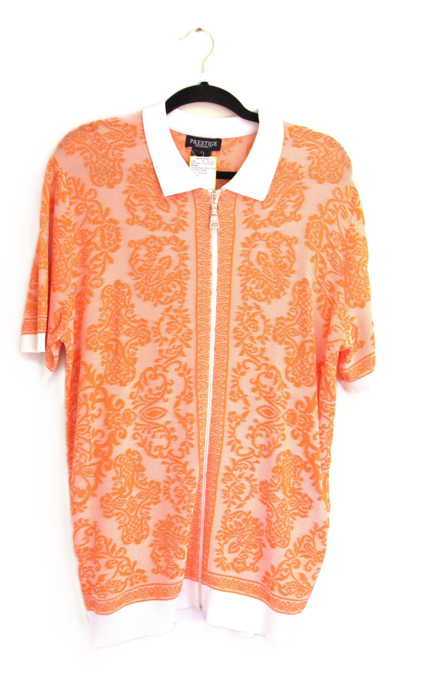 Prestige Orange Rayon Blend Floral Print Short Sleeve Pullover Zip up