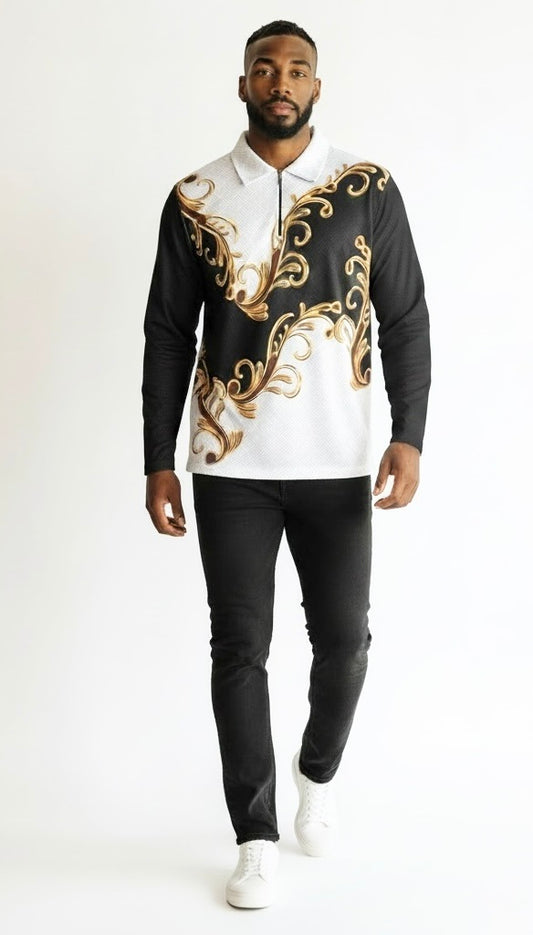 Andiamo Black/Gold/White Polyester Argyle Long Sleeve Collar Pullover