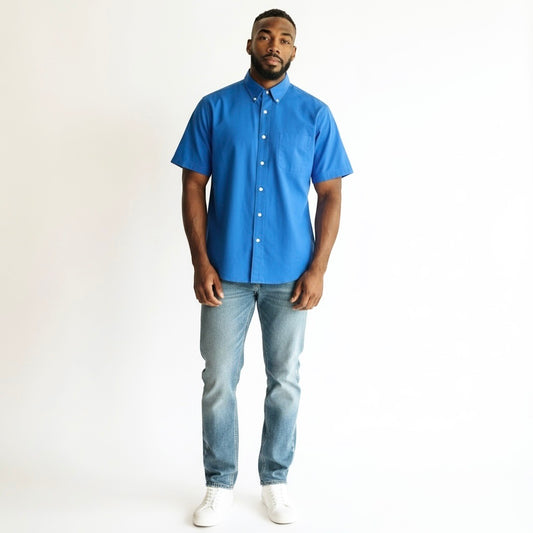 Size XLT Roundtree Yorke Blue Cotton Solid Short Sleeve Button Down