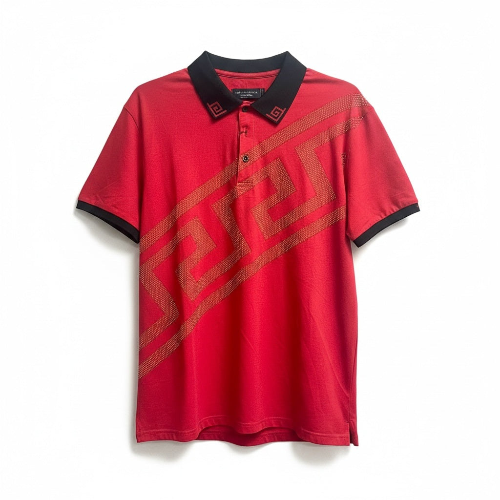 Size L Azaro Uomo Red/Black Cotton Geometric Short Sleeve Shirt