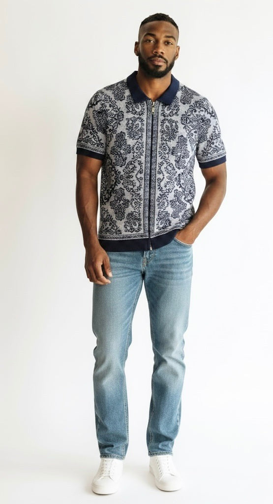 Prestige Navy Print Rayon Blend Floral Short Sleeve Pullover Zip up