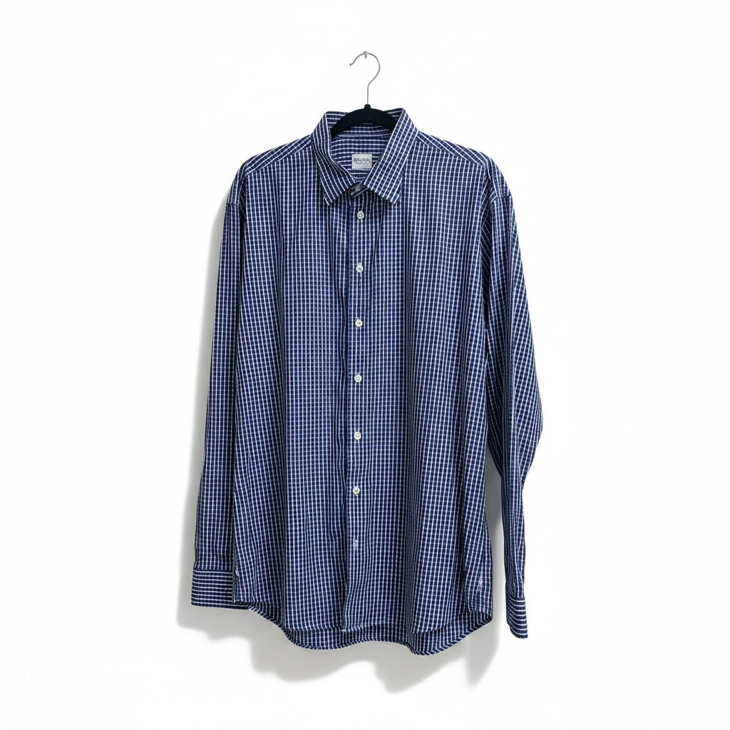 Size XXL ARMANI Dark Blue/White Cotton Checkered Long Sleeve Shirt