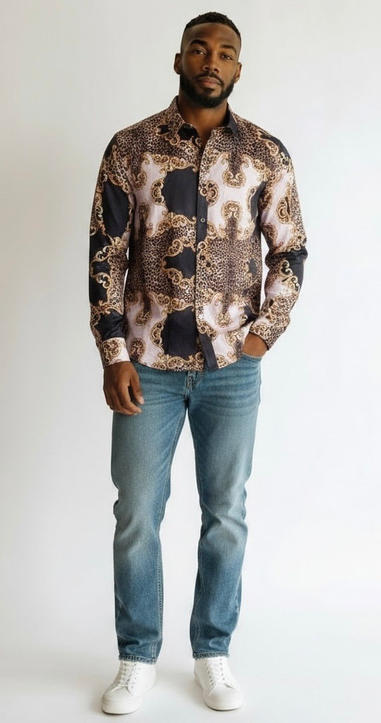 Size L VIP Black/Beige Polyester Blend Abstract Long Sleeve Shirt