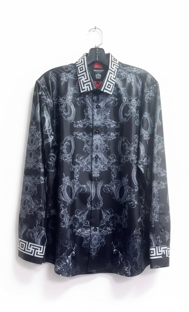 Size Large Benziny BLACK/GRAY Polyester Paisley Long Sleeve Shirt