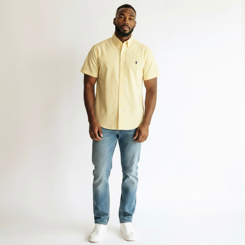 Size L RALPH LAUREN Yellow/White Cotton Checkered Short Sleeve Shirt
