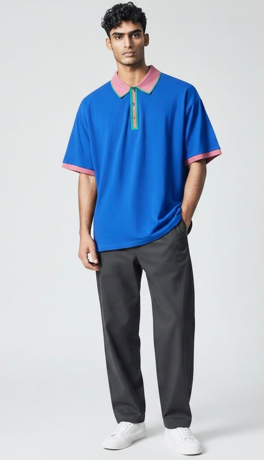 Pavini Blue/Pink/Red Cotton Blend Two Tone Short Sleeve Pullover