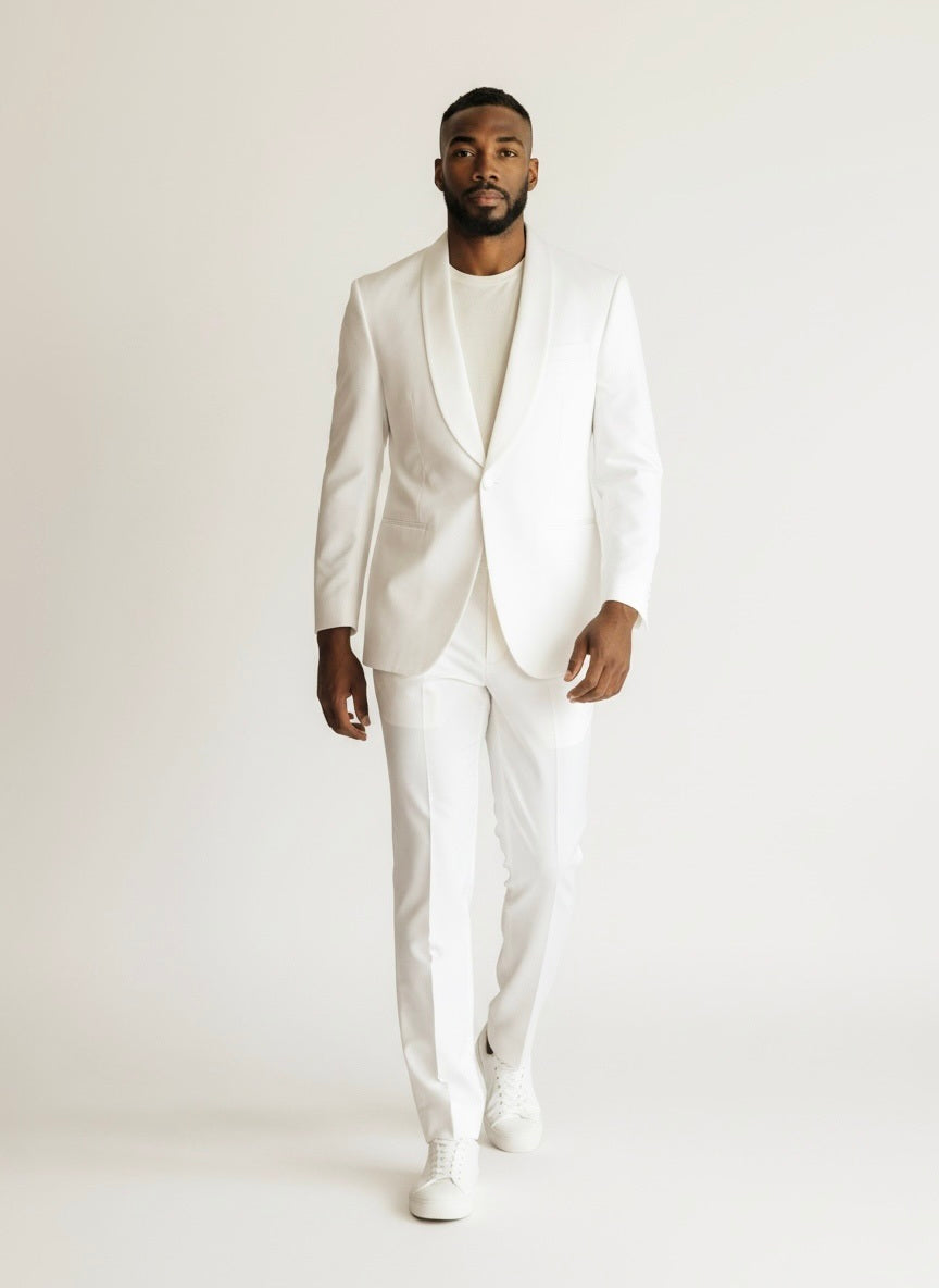 XL Imperial White Wool Solid Size 44 Double Breast Suit
