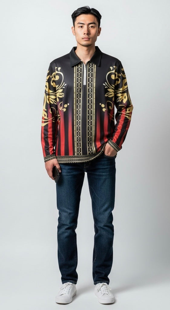Andiamo Red/Black/Gold Polyester Argyle Long Sleeve Collar Pullover