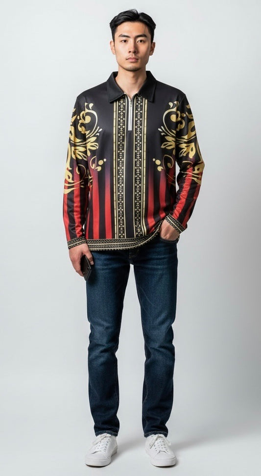 Andiamo Red/Black/Gold Polyester Argyle Long Sleeve Collar Pullover