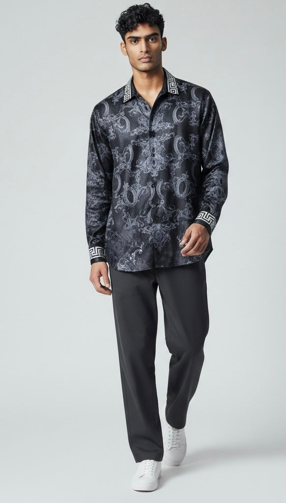 Size Large Benziny BLACK/GRAY Polyester Paisley Long Sleeve Shirt