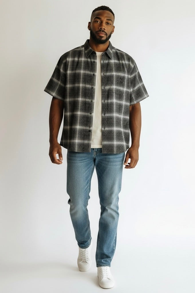 Size Large Haggars BLACK/GRAY Cotton Blend Short Sleeve Collar Shirt