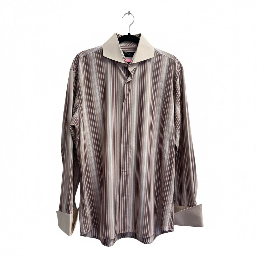 Size 161/2 34/35 Steven Land Tan/Burgundy/Red Cotton Long Sleeve Button Down