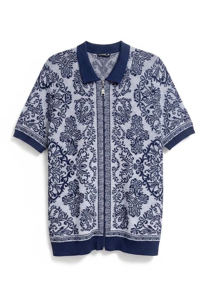 Prestige Navy Print Rayon Blend Floral Short Sleeve Pullover Zip up
