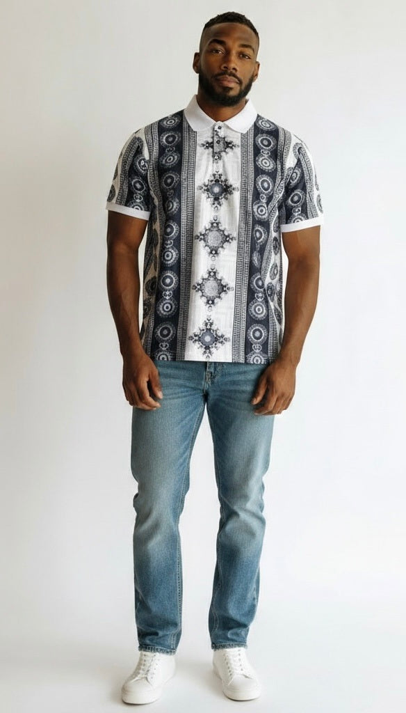 Prestige Black/White Rayon Blend Venetian Greek Short Sleeve Pullover