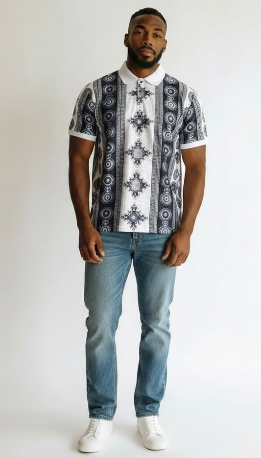 Prestige Black/White Rayon Blend Venetian Greek Short Sleeve Pullover