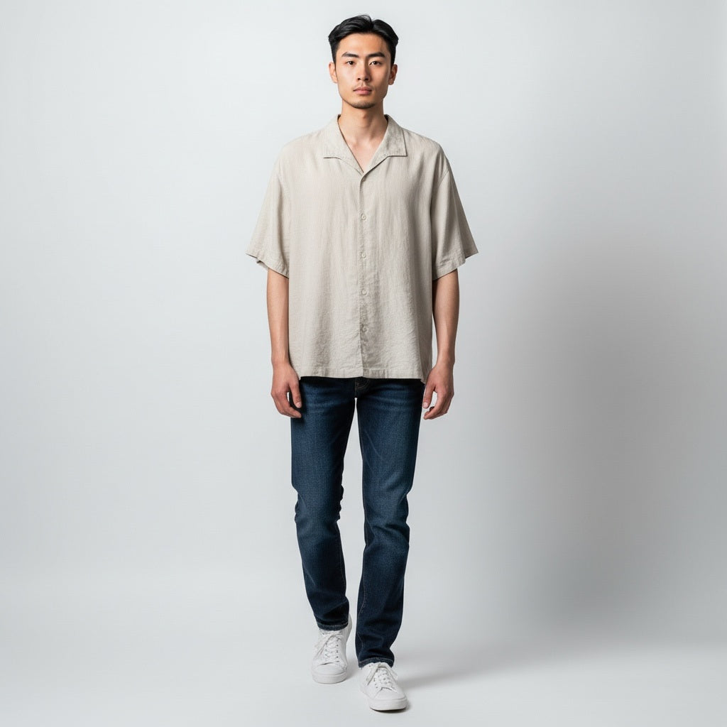 Size 3XL Leurenier Tan Linen Solid Short Sleeve Shirt