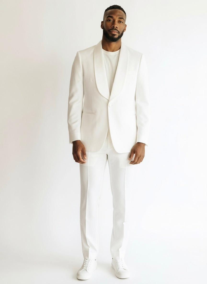XL Imperial White Wool Solid Size 44 Double Breast Suit