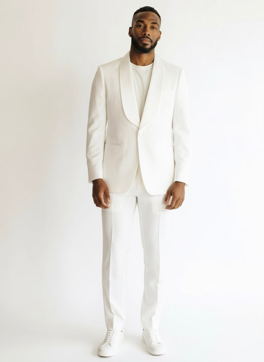 XL Imperial White Wool Solid Size 44 Double Breast Suit