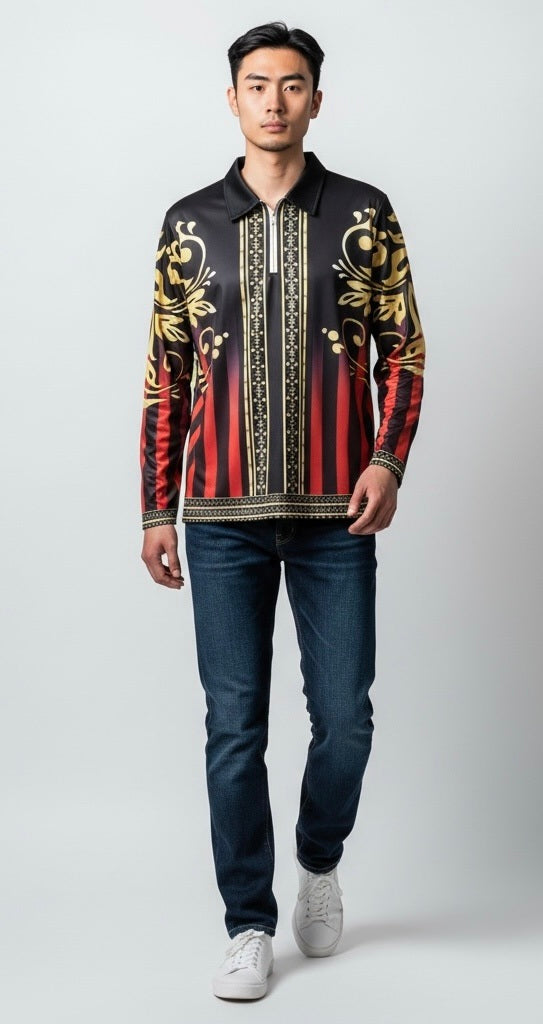 Andiamo Red/Black/Gold Polyester Argyle Long Sleeve Collar Pullover