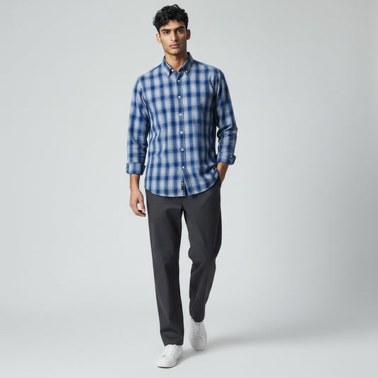 Size S John Ashford Blue/Gray Cotton Blend Checkered Long Sleeve Shirt