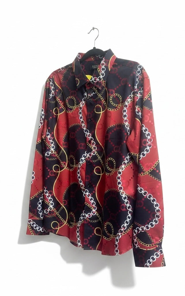 Pavini Red/Black/Gold Cotton Blend Venetian Greek Long Sleeve Button Down