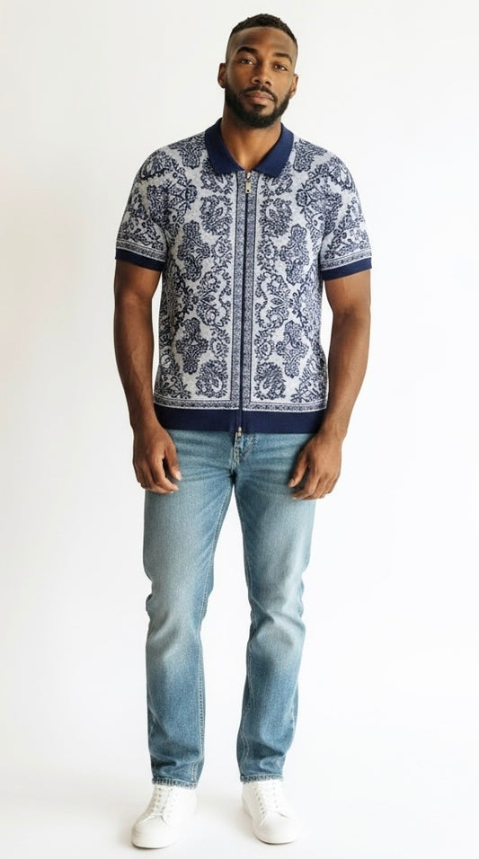 Prestige Navy Print Rayon Blend Floral Short Sleeve Pullover Zip up