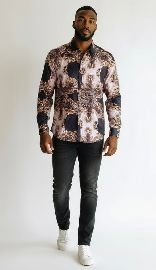 Size L VIP Black/Beige Polyester Blend Abstract Long Sleeve Shirt