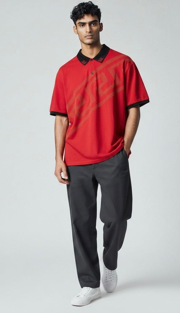 Size L Azaro Uomo Red/Black Cotton Geometric Short Sleeve Shirt