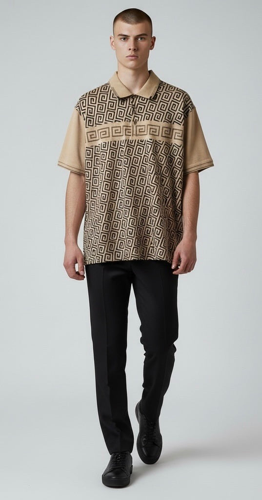 Pavini Black/Beige Cotton Blend Venetian Greek Short Sleeve Pullover