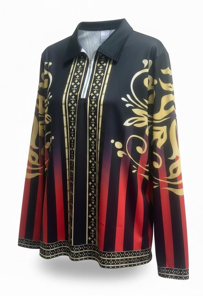 Andiamo Red/Black/Gold Polyester Argyle Long Sleeve Collar Pullover