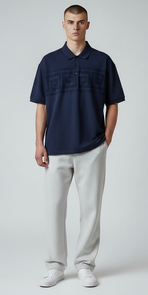 Pavini Navy Print Cotton Blend Venetian Greek Short Sleeve Pullover