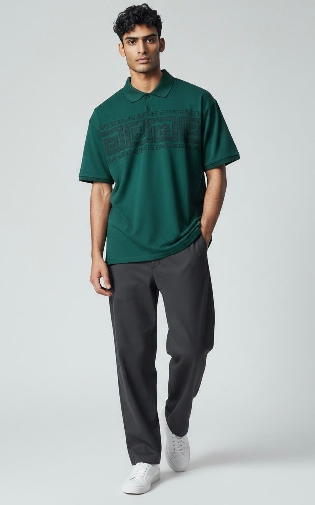 Pavini Green Cotton Blend Venetian Greek Short Sleeve Pullover