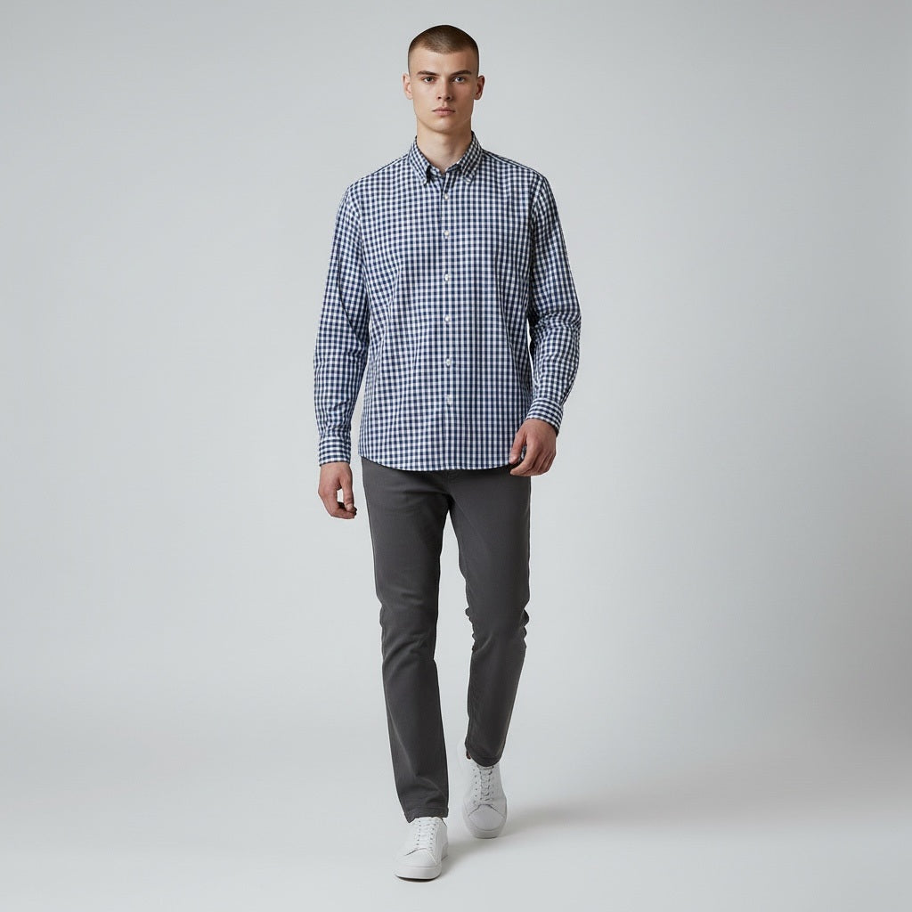 Size XXL ARMANI Dark Blue/White Cotton Checkered Long Sleeve Shirt