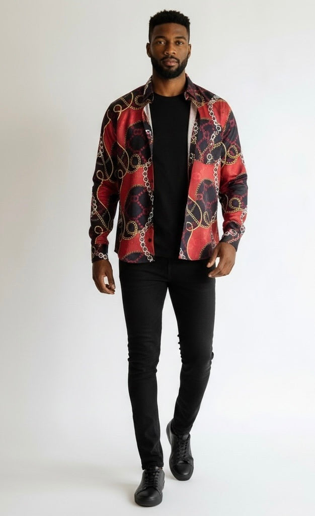 Pavini Red/Black/Gold Cotton Blend Venetian Greek Long Sleeve Button Down