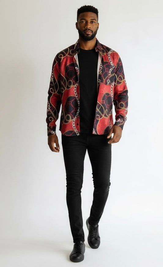 Pavini Red/Black/Gold Cotton Blend Venetian Greek Long Sleeve Button Down