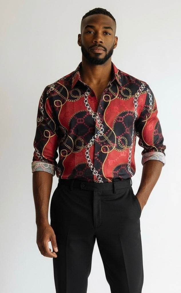 Pavini Red/Black/Gold Cotton Blend Venetian Greek Long Sleeve Button Down