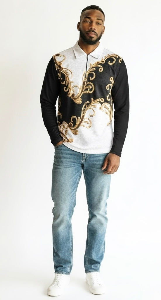 Andiamo Black/Gold/White Polyester Argyle Long Sleeve Collar Pullover