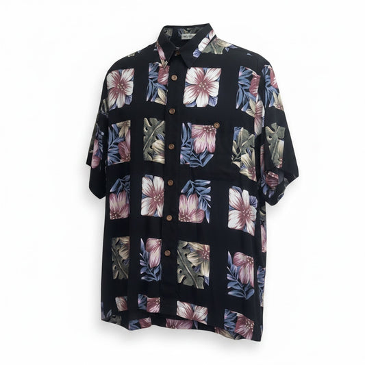 Size M Ron Chaseshan Multi-Color Rayon Floral Print Short Sleeve Collar Shirt